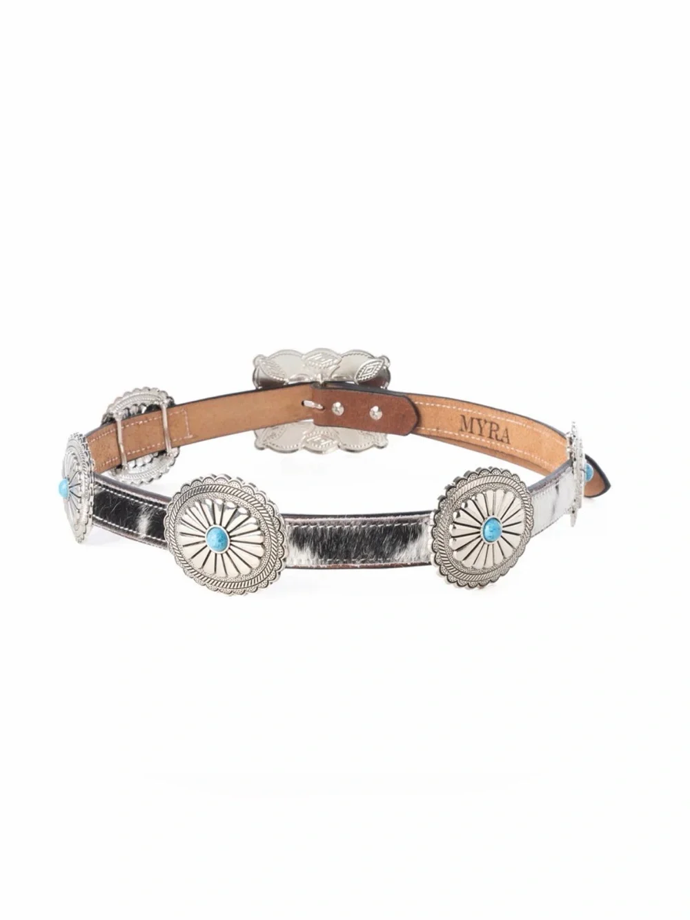 Western Tooled Brown Leather Belt with Silver Turquoise Accents